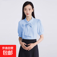 白色短袖襯衫女職業(yè)正裝教資面試穿搭輕奢通勤法式蝴蝶結飄帶襯衣 9159藍色#短袖【通勤職業(yè)襯衫】 3XL 推薦【141-150斤】