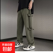 美式高街綁帶工裝褲子男春秋季潮牌設(shè)計感直筒闊腿褲港風復(fù)古休閑 軍綠色 常規(guī) 高品質(zhì) 3XL 建議160-180斤
