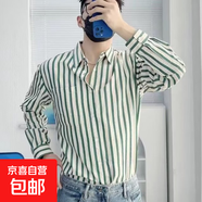潮牌水洗條紋牛仔長(cháng)袖襯衫男日系休閑cityboy藍色襯衣外套 綠色 XL