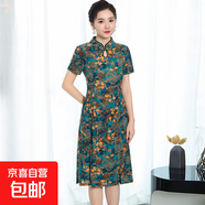 媽媽裝夏季新款改良旗袍連衣裙中老年女士短袖大碼寬松遮肚旗袍裙 3號(hào)色綠 XL 90-105斤