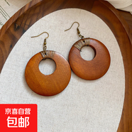 波西米亞民族風(fēng)木頭圓形鏤空吊墜耳環(huán)復古氣質(zhì)耳鉤設計感小眾耳飾 耳鉤-咖色