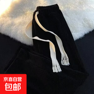 秋季重磅燈芯絨直筒褲男寬松休閑褲坑條衛褲松緊腰長(cháng)褲男女褲子 黑色 L