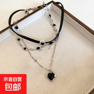 皮革圓形愛(ài)心吊墜多層項鏈歐美甜酷風(fēng)疊戴鎖骨鏈高級感choker頸鏈 項鏈-銀色-黑色