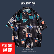夏季新款韓版ins港風(fēng)復(fù)古碎花薄款情侶襯衣上衣寬松短袖襯衫男潮 1165黑色 L