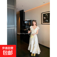 荷葉花邊袖法式氣質(zhì)度假風(fēng)前后V領(lǐng)碎花連衣裙女夏季長裙子 圖片色 XL 【建議120-130斤】