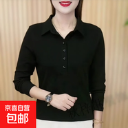 女士翻領(lǐng)春秋季長袖t恤紐扣大碼寬松體恤媽媽女裝顯瘦polo衫ZHFS 黑色 2XL