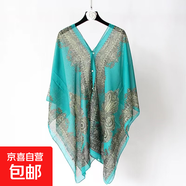 優(yōu)雅復(fù)古雪紡印花防曬披肩夏天女絲巾開衫度假海灘超大薄款沙灘巾 復(fù)古-湖藍(lán) 100-155