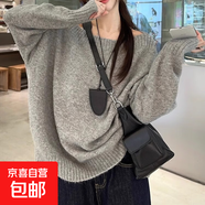 復(fù)古慵懶松弛感斜肩露肩長袖套頭毛衣女裝休閑軟糯針織衫百搭上衣 灰色 L
