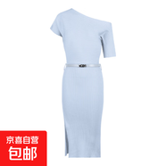 御姐風(fēng)粉色斜肩短袖連衣裙女夏季針織裙修身收腰開(kāi)叉裙子包臀長(zhǎng)裙 藍(lán)色(配腰帶) 均碼