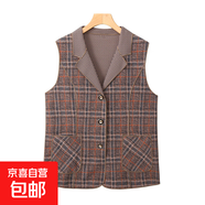 媽媽春秋時(shí)尚格子馬夾中老年女裝翻領(lǐng)洋氣中長(cháng)款馬甲毛呢減齡顯瘦 黃色細條格 4XL 【135-150斤】