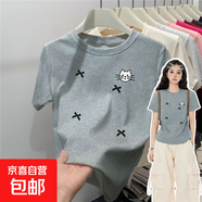 【100%純棉】2025新款韓版圓領(lǐng)短袖T恤女夏季小眾洋氣減齡上衣潮 花灰色-蝴蝶結白貓 L （建議105-115斤）