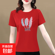 【送媽媽禮物】純棉短袖t恤女2025夏季百搭大碼女裝印花媽媽裝 大紅羽毛 M 【建議80-100斤】