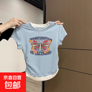 歐貨感卡通印花短袖t恤女夏季新款修身顯瘦正肩小眾設(shè)計感上衣LHX 天藍色-k293藍 M