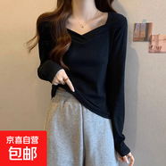 時尚方領長袖t恤女德絨加厚加絨保暖顯瘦體恤打底衫女內搭秋冬966 黑色 莫代爾薄款 L 參考105-115斤