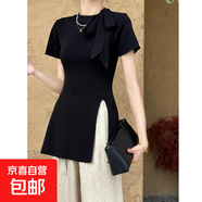 茶歇蝴蝶結(jié)綁帶針織衫女夏荷葉邊收腰開叉短袖t恤氣質(zhì)名媛風(fēng)上衣 黑色 M