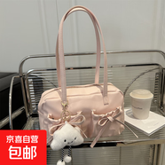 通勤大容量蝴蝶結(jié)包包女2025新款保齡球包單肩腋下包手提枕頭包 粉色