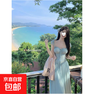 度假風顯瘦穿搭氣質(zhì)收腰長裙網(wǎng)紗設(shè)計感法式溫柔方領(lǐng)薄荷連衣裙子 清水綠長裙 L 【建議110-120斤】