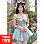 清新設計a字減齡短裙百搭純欲風(fēng)甜美掛脖露肩蕾絲吊帶女春夏新款 藍色 L