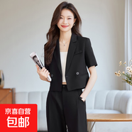 灰色短袖西裝套裝女夏季薄款2025新款小個子休閑氣質短款西服外套 黑色外套+C581#西褲 XL