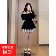 高級(jí)感春秋季亮片拼接新款方領(lǐng)連衣裙法式收腰赫本氣質(zhì)黑色裙子 黑色短款 XL 【建議120-130斤】