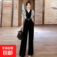 高級(jí)感連體褲女夏新款減齡顯瘦印花拼接連體衣闊腿褲D1194 黑色 常規(guī) L 【110-120斤】