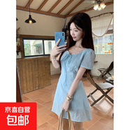 夏季法式蕾絲拼接氣質(zhì)收腰連衣裙大碼法式系帶顯瘦藍色刺繡連衣裙 短款 XL 【建議120-130斤】