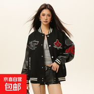 春秋季寬松情侶休閑外套刺繡毛巾繡毛呢棒球服夾克男女百搭外套 黑色【女款】 S