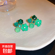銀針鑲鉆貓眼石人造水晶款花朵耳環(huán)韓國甜美時尚耳釘簡約氣質(zhì)耳飾 銀針-綠色