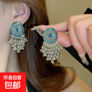 民族風(fēng)鳳凰月牙流蘇耳釘小眾復古設計感耳環(huán)夏季女輕奢高級感耳飾 23#鋼針-銀色-藍色