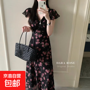 法式2025連衣裙夏季新款玫瑰花優(yōu)雅顯瘦領小飛袖碎花收腰氣質(zhì) 黑色 2XL 【建議130-140斤】