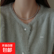 珍珠項鏈夏秋高級不掉色鉑金灰大顆手工串珠真多麻時(shí)尚復古鎖骨鏈 淺灰真多麻元寶扣珍珠項鏈-4mm