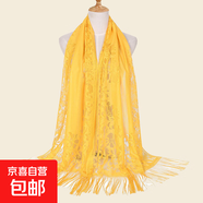 新款純色夏季蕾絲鏤空流蘇刺繡披肩女優(yōu)雅性感外搭氣質(zhì)配旗袍絲巾 黃色