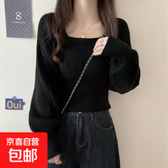 錦裳淑法式小眾方領(lǐng)毛衣女內搭秋冬別致燈籠袖上衣方領(lǐng)針織打底衫 黑色 均碼 適合體重80-125