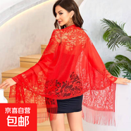 新款純色夏季蕾絲鏤空流蘇刺繡披肩女優(yōu)雅性感外搭氣質(zhì)配旗袍絲巾 紅色