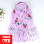 春夏季韓版圍巾女士絲巾刺繡花圍巾雙層拼接蕾絲純色紗巾時(shí)尚百搭 三花刺繡-紫色