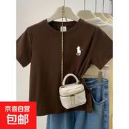 【100%純棉】正肩短袖t恤女裝新款夏季ins時尚百搭洋氣減齡上衣潮 棕色-左胸騎馬人物 L （建議105-115斤）