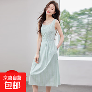 條紋吊帶連衣裙女2025夏季新款氣質(zhì)收腰顯瘦法式高級(jí)感方領(lǐng)長裙子 綠色（單件連衣裙） L