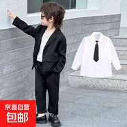 鑫佑宇AO純黑英倫學院風兒童休閑純色小西裝套裝春秋帥氣男童韓版 黑色 長袖+長褲+領帶+襯衫 90