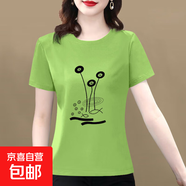 純棉短袖t恤女裝2025夏季新款寬松顯瘦圓領(lǐng)百搭印花打底衫上衣607 草綠蓮花 4XL 【建議145-160斤】