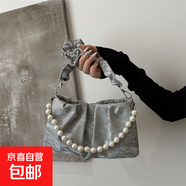 夏天小眾包包女2025新款時尚流行褶皺單肩腋下包女甜美手提小方包 銀色