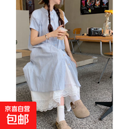 甜美學(xué)院風(fēng)疊穿兩件套裝藍(lán)色條紋襯衫連衣裙子蕾絲半身裙女 套裝【襯衫裙+半身裙】 L 【建議110-120斤】