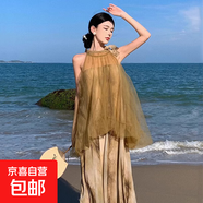 水墨扎染掛脖連衣裙新中式長裙海邊氛圍感背心裙長裙 卡其色 L