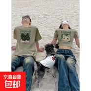 100%短袖T恤男生女士上衣夏裝情侶裝夏季小貓戀LHFS 灰綠短款女士款 M