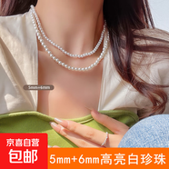 施家高亮珍珠項鏈女小眾輕奢設(shè)計高級感復(fù)古氣質(zhì)鎖骨鏈毛衣鏈配飾 5mm+6mm白珍珠【兩條裝】