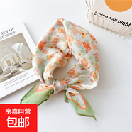 夏季58棉麻絲巾女百搭春秋小方巾護頸頭巾裝飾領巾時尚洋氣圍巾 29棉-波浪框海仙綠 58cm