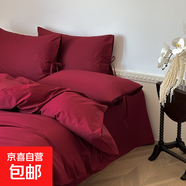 新款高支全棉四件套少女感紫色刺繡花卉純棉床單床笠提花長(cháng)絨棉 汐顏-復古紅【舒適親膚】 1.8m床笠款四件套