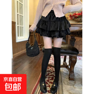 高腰木耳邊毛呢半身裙女2025秋冬新款百褶白色蓬蓬蛋糕裙短裙裙子 黑色 均碼 【建議80-120斤】