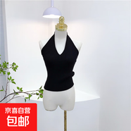 6284#夏季新款法式復古風深v領掛脖削肩露背修身顯瘦背心內(nèi)搭上衣 黑色 S