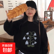 2025新款秋季刺繡花朵浣熊絨寬松慵懶風(fēng)套頭復古針織毛衣女 黑色 S