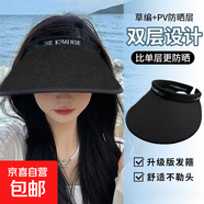防曬帽子女夏季遮陽帽戶外騎行開車防曬帽女時尚百搭透氣太陽帽子 草編帽黑色【大檐顯臉小】 均碼（54cm-58cm）